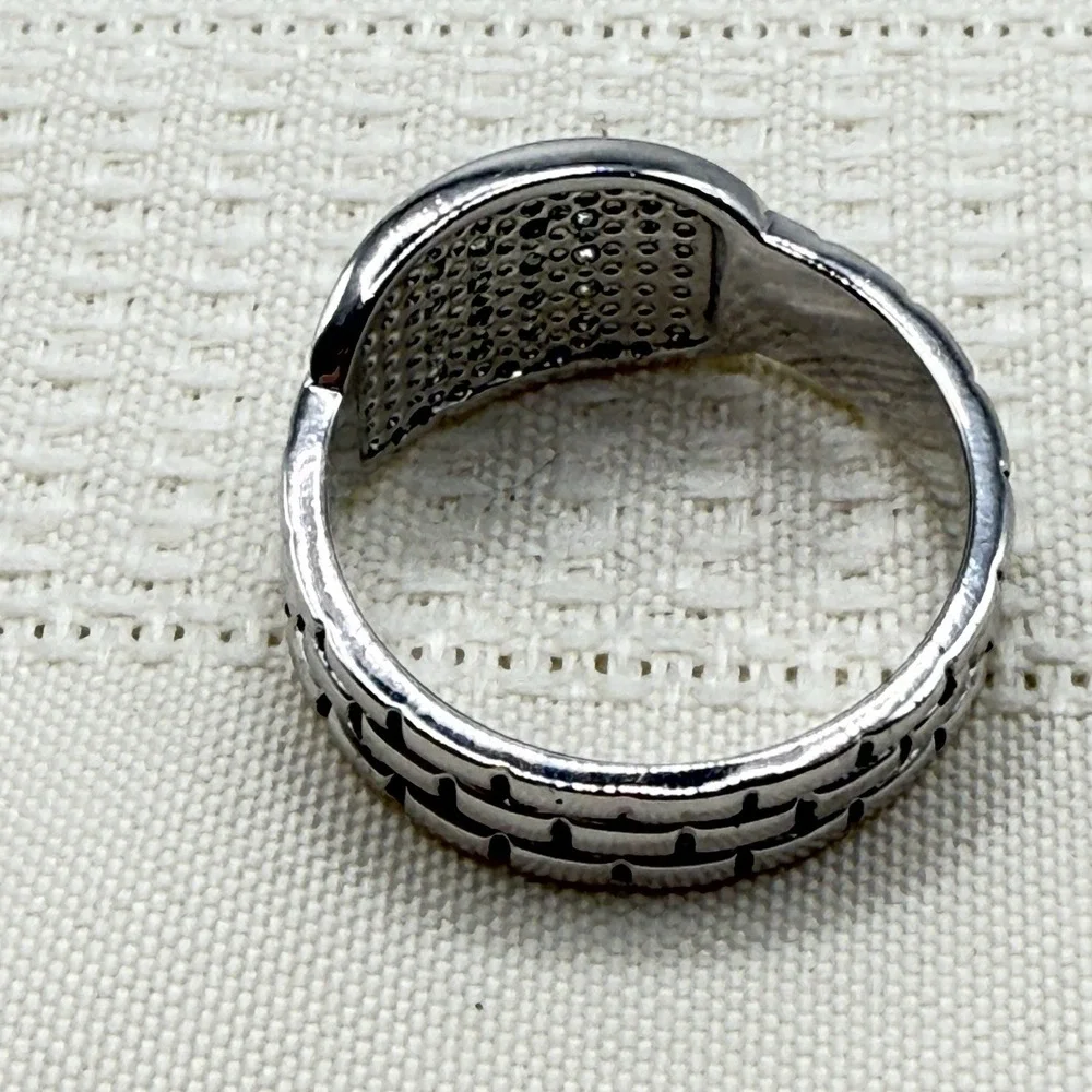 Men's RSC Cigar Band Ring Silver Tone 4 Row CZ Stones Brick Texture Size 11.75